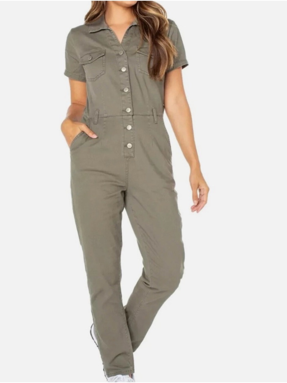 Short-Sleeve Jumpsuit Women’s Medium Olive Green Button Front Painter Suit